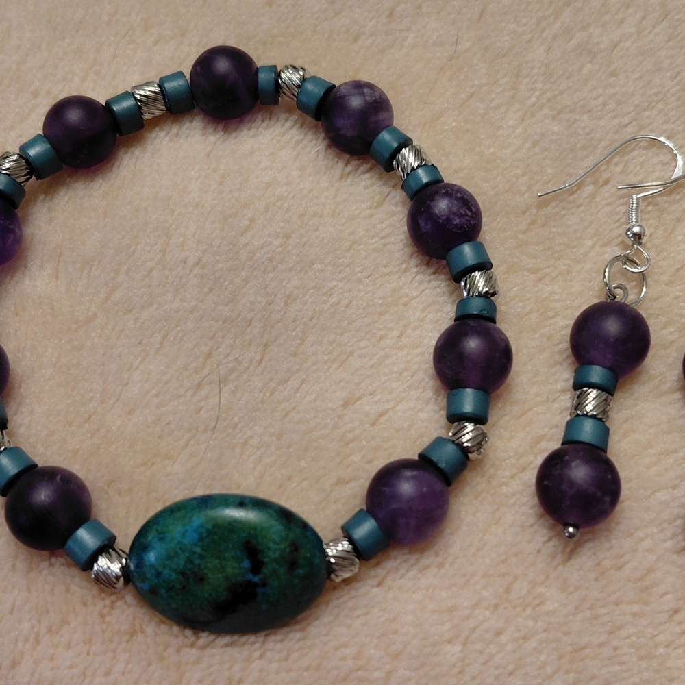 This Jewelry Set POPS With Color! Amethyst & Zoisite Genuine Crystal Beads 6"